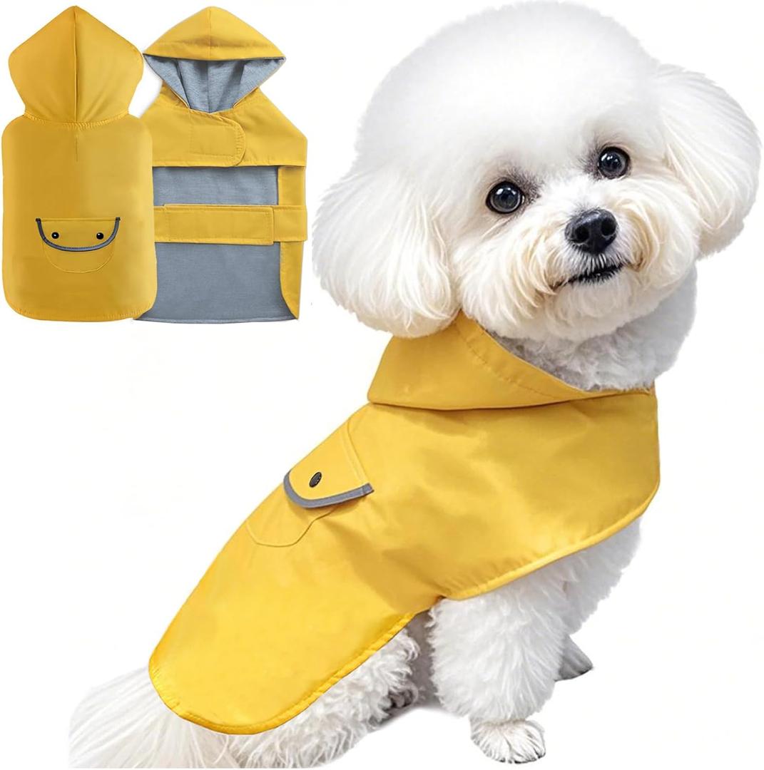 Dog Raincoat Dogs Rain Jacket Reflective Waterproof Pet Clothes Lined Poncho Rainwear Pocket Hooded Leash Hole Adjustable for Small Medium Dogs Puppy,Yellow,XS,Back Length 6.8 Inch