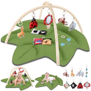 Baby Play Gym & Activity Mat, Leaf Shaped Tummy Time Mat with 8 Detachable Toys,Infant Play Mat for Stage-Based Sensory & Motor Skill Development,Christmas for Newborn Boys Girls