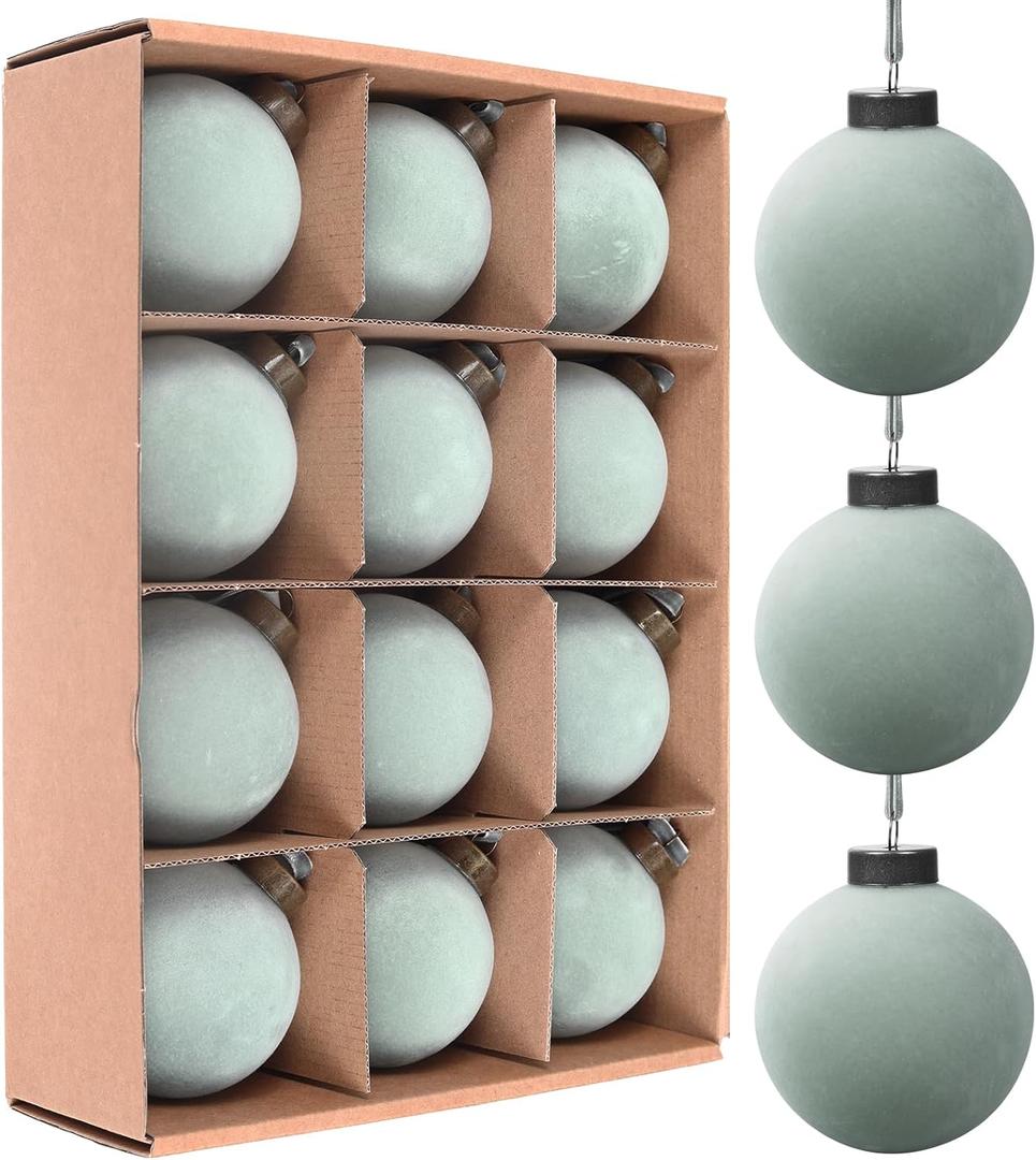 12 Pcs Velvet Christmas Balls Bulk Shatterproof Plastic Christmas Tree Decorations for Decorative Hanging Baubles (12, Haze Blue, 3.15Inch)