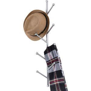 MyGift 8 Hook Wall Mounted Modern Silver Tone Metal Hat and Coat Hanger Tree, Decorative Entryway Vertical Hanging Garment Rack with Branch Style Hooks for Umbrellas Scarves Purses