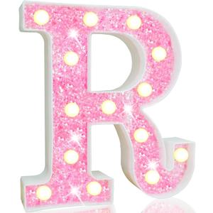 Pooqla LED Marquee Letter Lights, Pink Glitter Light Up Letters Alphabet Sign Battery Powered Night Light, Birthday Party Wedding Girls Gifts, Christmas Room Dorm Bedroom Decoration, Pink Letter R