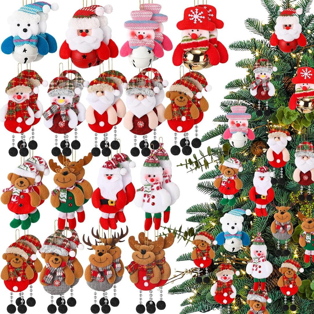 Jerify 32 Pcs Christmas Tree Plush Ornaments Santa Snowman Bear Xmas Decorations Traditional Christmas Tree Pendant Rustic Doll Ornaments Tree for Holiday Party Supplies (Lovely)