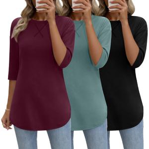 Riyiper 3 Pack Elbow Length Tee Shirts for Women 3/4 Sleeve Tunic Tops Round Neck Fall Curved Hem Leggings Blouse (S)
