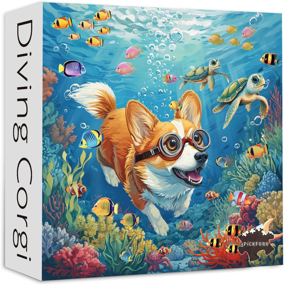 PICKFORU Dog Puzzles for Adults 1000 Pieces and up, Funny Puppy Puzzle Collection Corgi Sea Turtle Fish, Ocean Puzzles as Home Decor