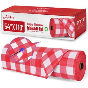 Plastic Table Cloth, 110 Ft X 54 in Disposable Tablecloth Red and White Checkered Tablecloth with Any Cut Sliding Cutters Premium PEVA Plastic Table Cloth Disposable for Picnic, Parties, Festivals