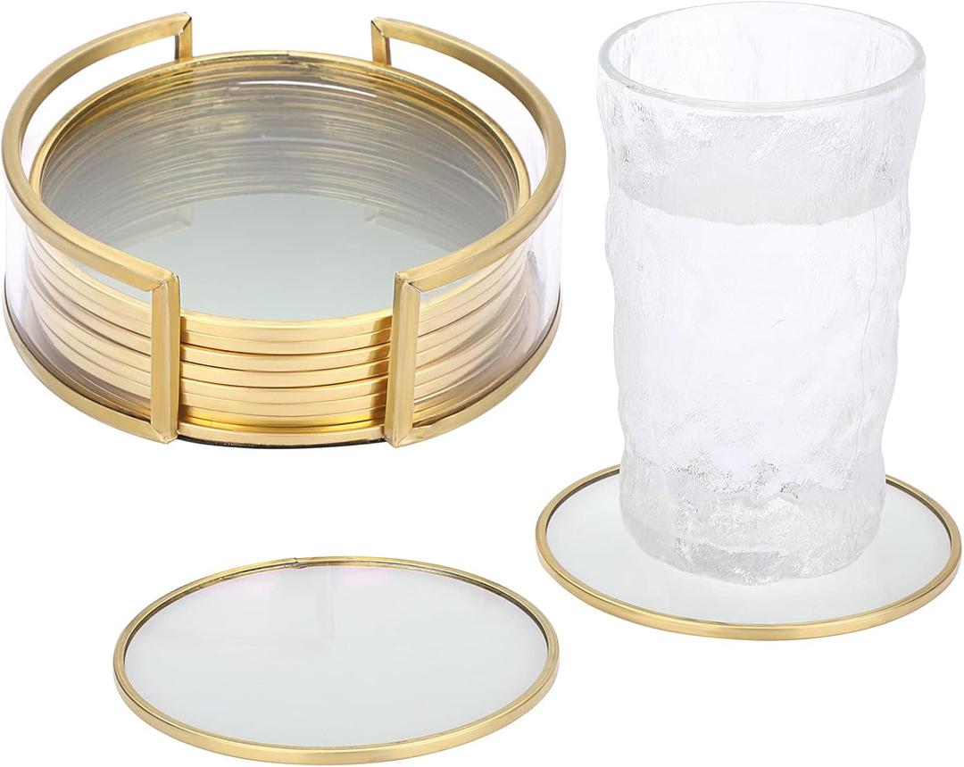 JUXYES Set of 8 Glass Round Coasters with Holder, Golden Brass Coasters for Drinks Glass Cup Coaster Set Modern Coaster Cups Mats Decor for Restaurant Kitchen Bar Dining Table