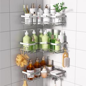 Corner Shower Caddy, Shower Organizer with Soap Dish, 14 Hooks, Adhesive Shower Shelf for Inside, 3 Pack Rack, No Drilling Bathroom Shampoo Holder