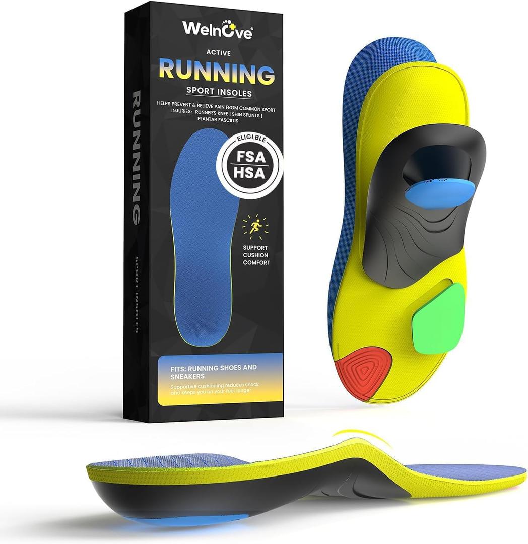 Welnove Running Insoles - Performance Arch Support Inserts for Men & Women, Help Reduce Fatigue, Prevent Injuries & Relieve Heel Pain. Extra Shock Absorption, Blue (M:W 9-10 / M 7-8)