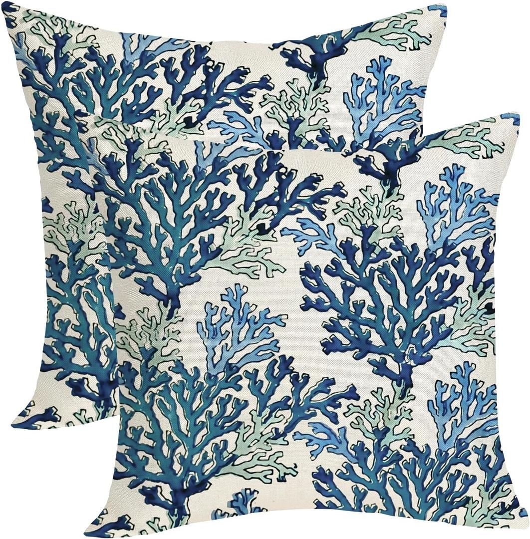 Summer Coastal Pillow Covers 16x16 Pack of 2 Navy Blue Coral Throw Pillow Cover Coral Branch Ocean Themed Beach Decorative Pillowcase Beachy Nautical Cushion Case for Sofa Couch Outdoor Decor