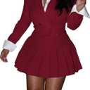 Womens 2 Piece Outfits Business Casual Cropped Blazer Jacket and High Waist Pleated Mini Skirt Sets (X-Large, Red)