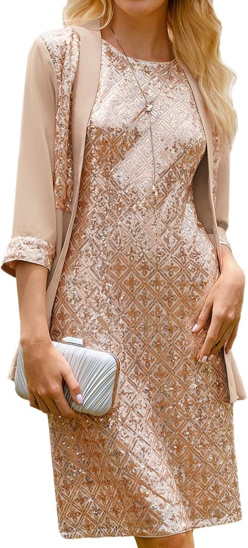 GRACE KARIN Mother of The Bride Dresses,Formal Wedding Guest Dress,Sequin Dress 2 Piece with Jacket Knee Length 2025 (X-Large, Apricot)
