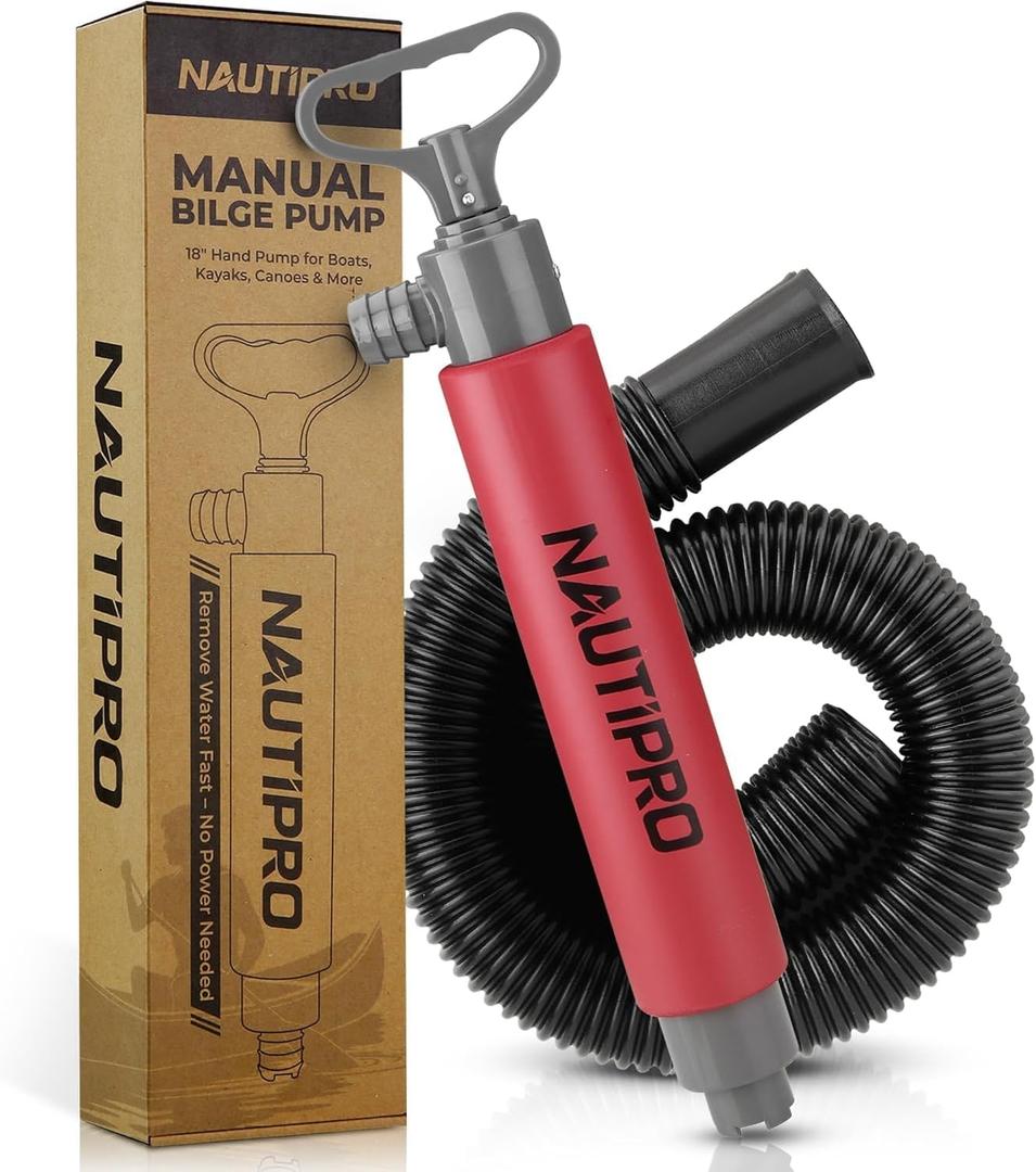 Manual Bilge Pump for Boats, Kayak, Canoe Portable Hand Water Pump with Hose, Compact Marine Safety Equipment for Water Removal and Emergency Use (Red)