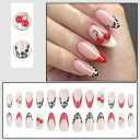 Almond Press on Nails Medium Fake Nails French Tip with 3D Cherry Design Leopard Print Glossy Acrylic Full Cover Stick on False Nails for Women Fall Manicure 24 Pcs