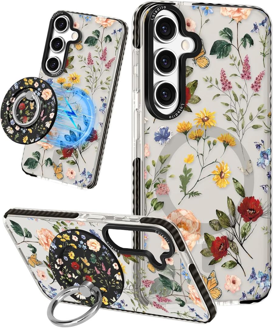 Lotadilo for Samsung Galaxy S24 Case for Women - Girls Cute Design Compatible with Magsafe Magnetic Ring Holder Stand Retro Flower Phone Covers Aesthetic Girly TPU Funda for S24