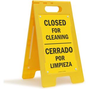 SmartSign 25 x 12 inch “Closed For Cleaning” Bilingual Two-Sided Folding Floor Sign, Digitally Printed Polypropylene Plastic, Black and Yellow, Made in USA