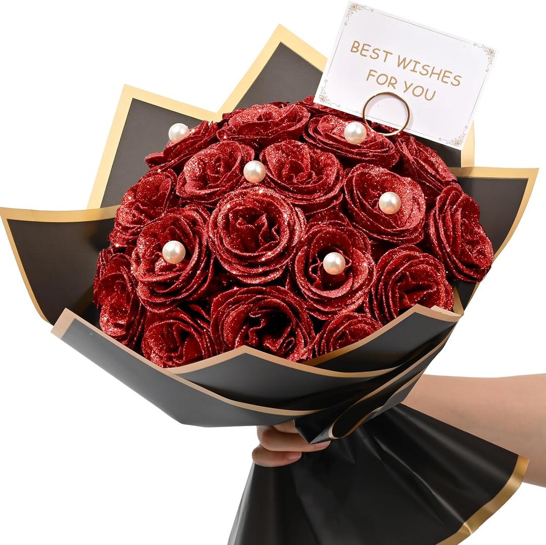Waipfaru Red Glitter Roses Bouquet, DIY Fake Flowers Bouquet, Everlasting Shiny Artificial Rose Bouquet for Valentines, Anniversary, Engagement, Wedding, 24 Roses (24pcs)