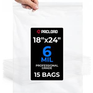 18" x 24" Extra Large Reclosable Plastic Zip Bags, 15 Count | 6 Mil Heavy-Duty Clear Poly Bags, Resealable for Food, Clothes, Hardware, Home & Garage Storage