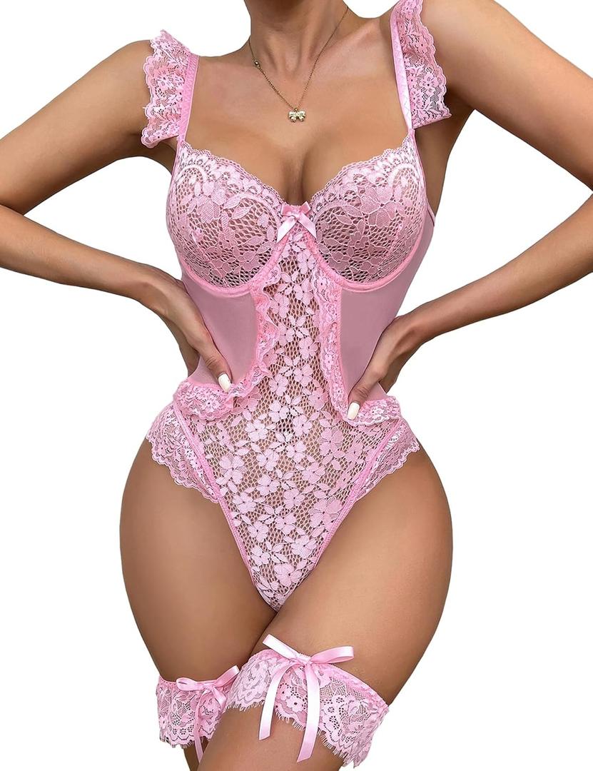 Aranmei Women Sexy Lingerie Bodysuit Floral Lace Teddy Babydoll Snap Crotch Ruffle One Piece with Thigh Bands (Medium, Pink)