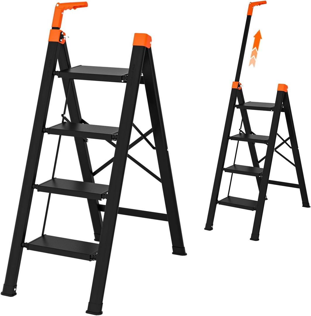4 Step Ladder with Single-Handrail,Lightweight Aluminum 4 Step Ladder,600lbs Max Load Heavy Duty Step Stool for Kitchen,Home,Office Orange, 4 steps