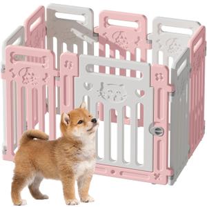Dog Fence Pet Playpen Clear Puppy Cat Small Play Pen Foldable Kennel Indoor Outdoor Whelping Box for Dogs with Gate (Pink + White, 8 Panels+1 Door)
