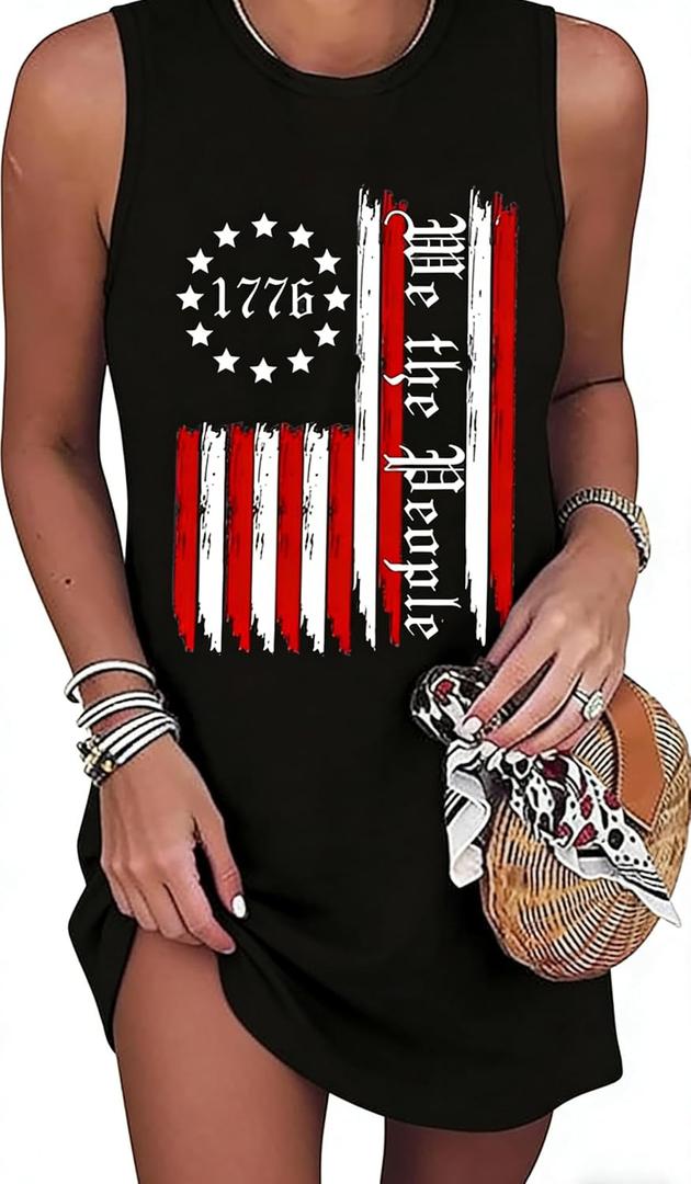 Women's USA Patriotic Halter Neck T Shirt Dress, Sleeveless 4th of July Casual Summer Sundress for Independence Day (Black, L)