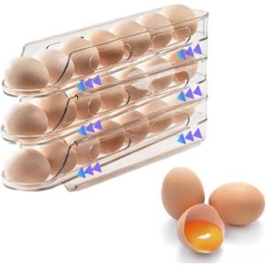 Egg Holder for Fridge,Stackable 1-4 Tiers Container,Auto Rolling Fridge Organizer for Refrigerator,Space-Saving Dispenser Holder,Refrigerator Egg Rack Transparent (3 Packs)