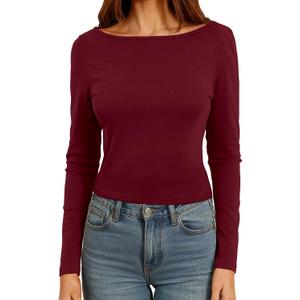 Dwnval Womens Cute Boat Neck Long Sleeve Crop Tops Soft Ribbed Knited Cropped Tees (S)