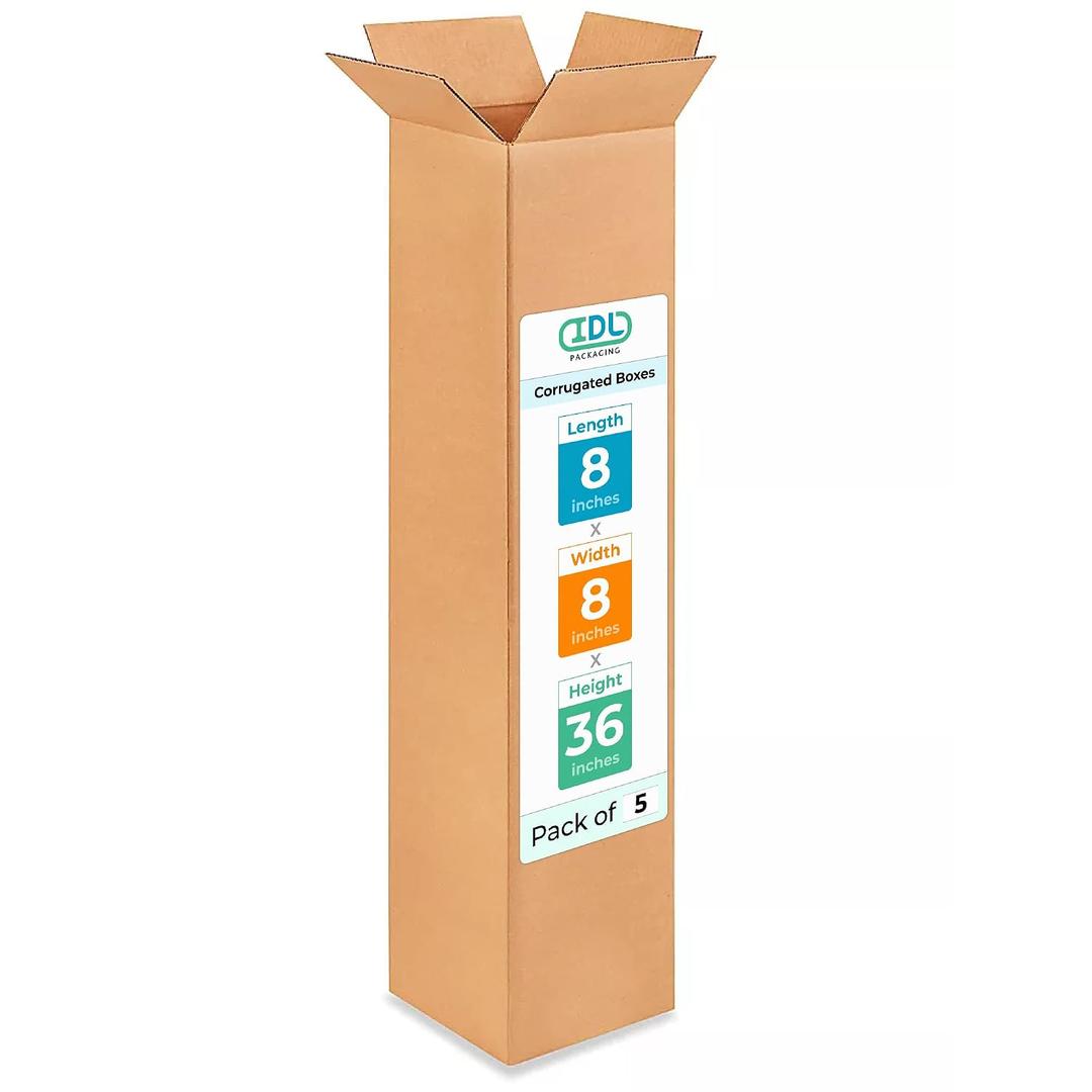 Tall Moving & Shipping Boxes 8 x 8 x 36 inches (5-Pack) - Extra Strength 200 lb vs Regular - USA-Made Corrugated Packing Boxes for Delivery - Packaging Box for Shipping by IDL Packaging -