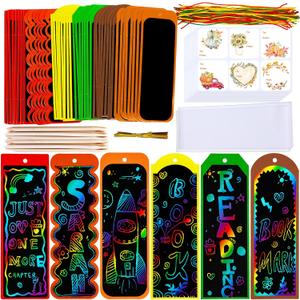 2 x Winlyn 48 Sets 6 Styles Fall Magic Color Scratch DIY Bookmarks Craft Kits Rainbow Scratch Paper with Scratching Tools Ribbons Art Sets for Kids Students Party Favors Classroom Activities