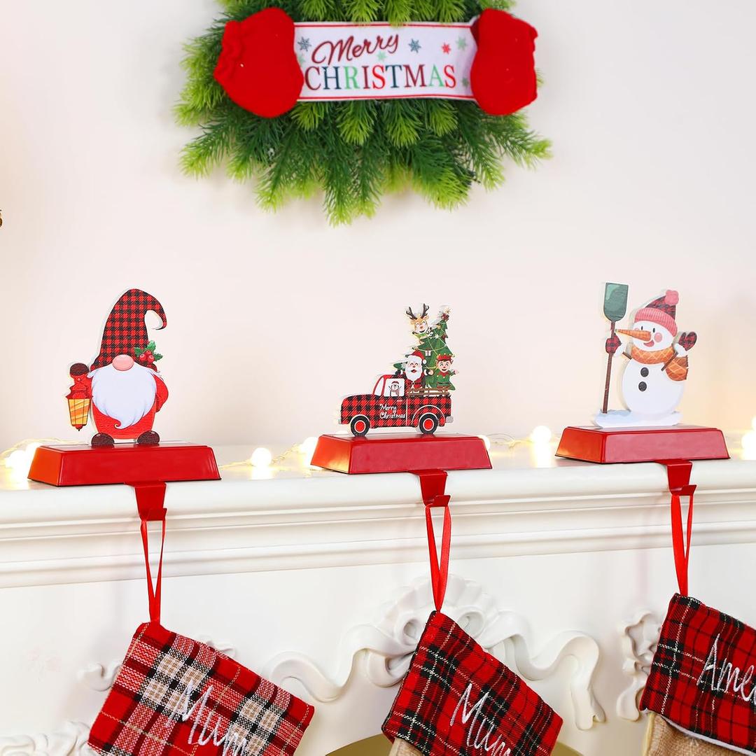 Alupssuc 3 Pcs Christmas Stocking Holders for Mantle, Christmas Stocking Hangers for Fireplace-Weighted Stocking Hooks for Mantel&Christmas Holiday Party Decoration-Santa Claus, Gift Car, Snowman