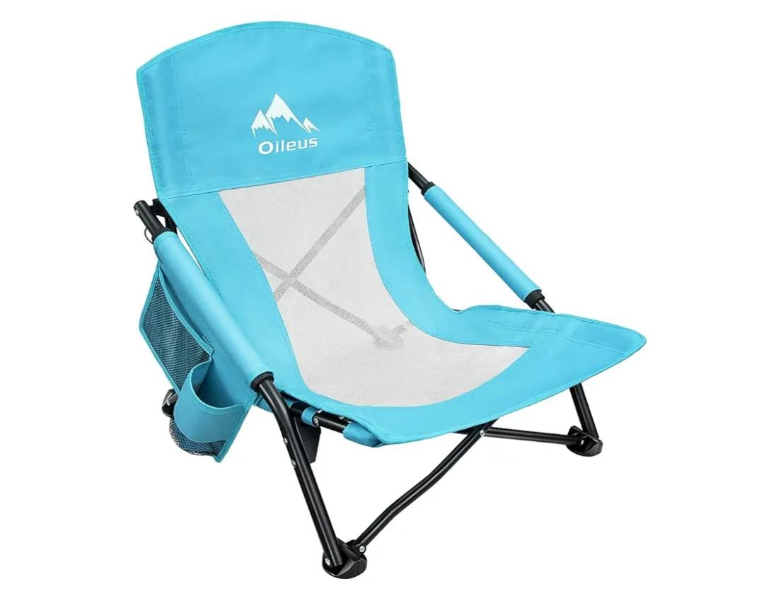 Oileus Low Beach Chair for Beach Tent/Shelter & Camping/Outdoor Ultralight Backpacking Folding Recliner Chairs with Cup Holder/Storage Bag, Carry Bag, Breeze Mesh Back, Compact Duty 1 Pcs Chair
