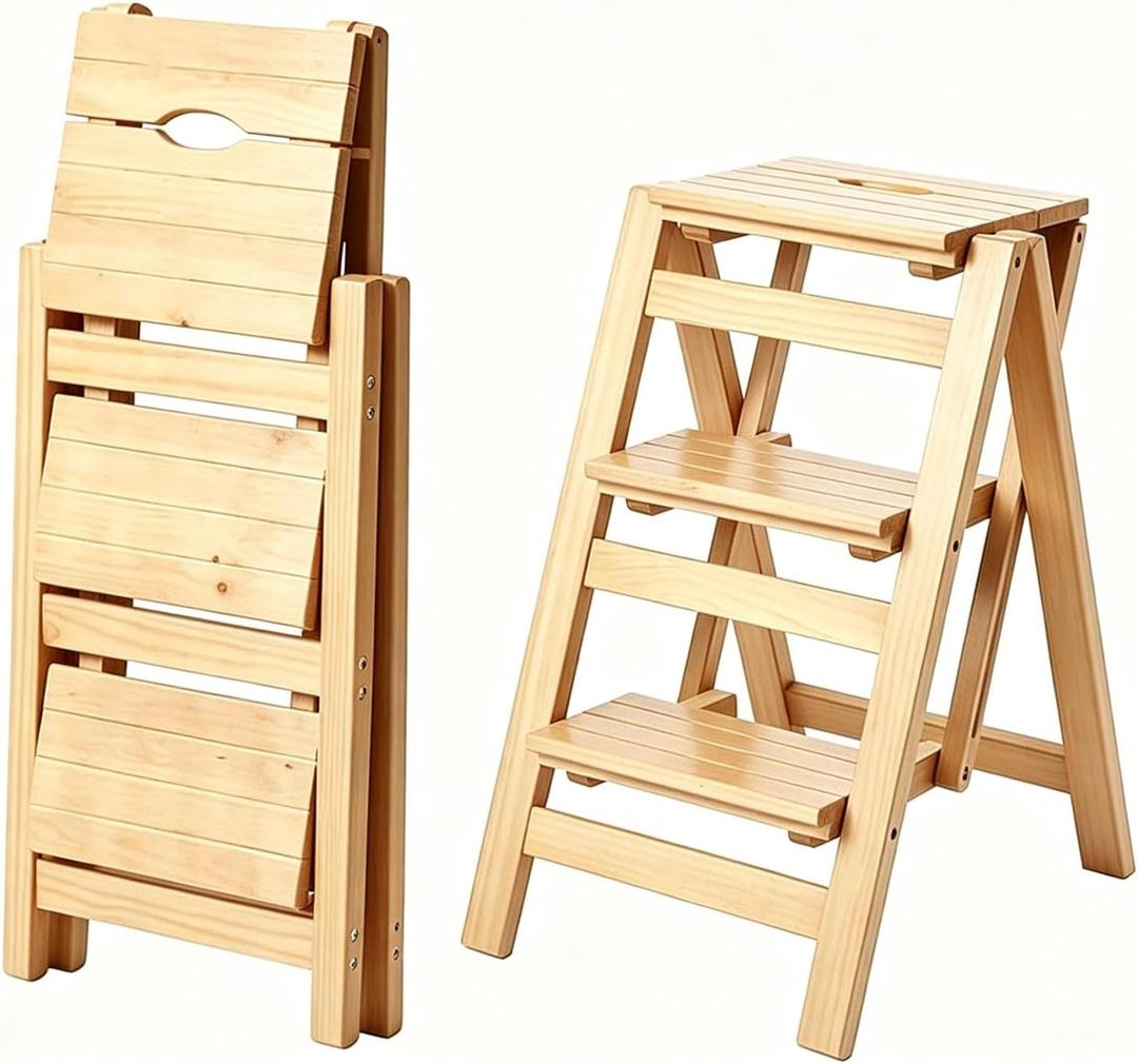 3-Step Wooden Folding Step Stool – Solid Pine Frame, Non-Slip Steps, Anti-Scratch Base, 337lb Capacity – No Assembly Required, Space-Saving for Kitchen & Home – Walnut (Natural Wood) 22"D x 16.5"W x 26"H