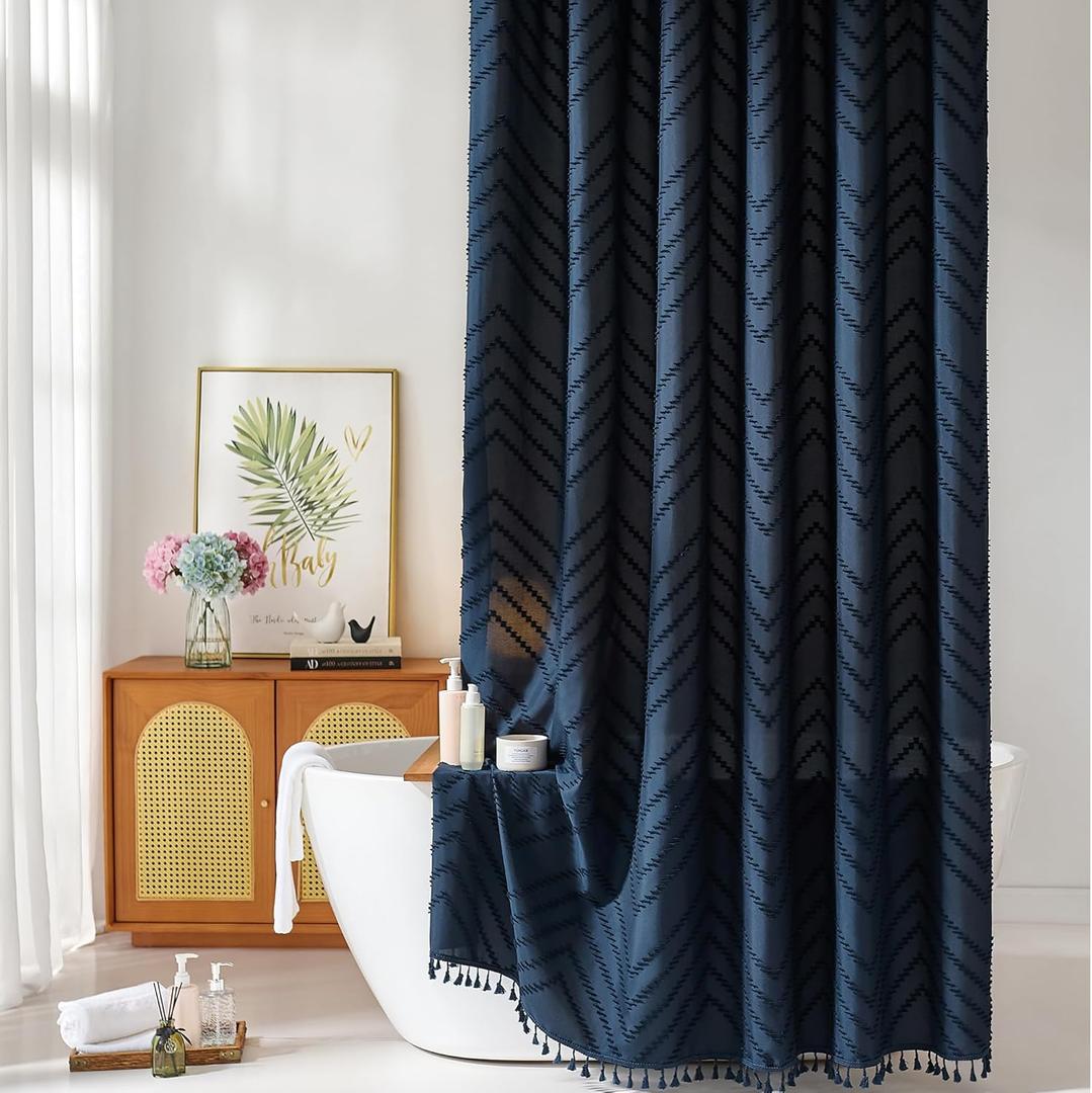 Navy Blue Shower Curtain Fabric Boho Shower Curtain Cloth Textured Tufted Chevron Elegant Shower Curtains Waterproof for Bathroom 72 x 72