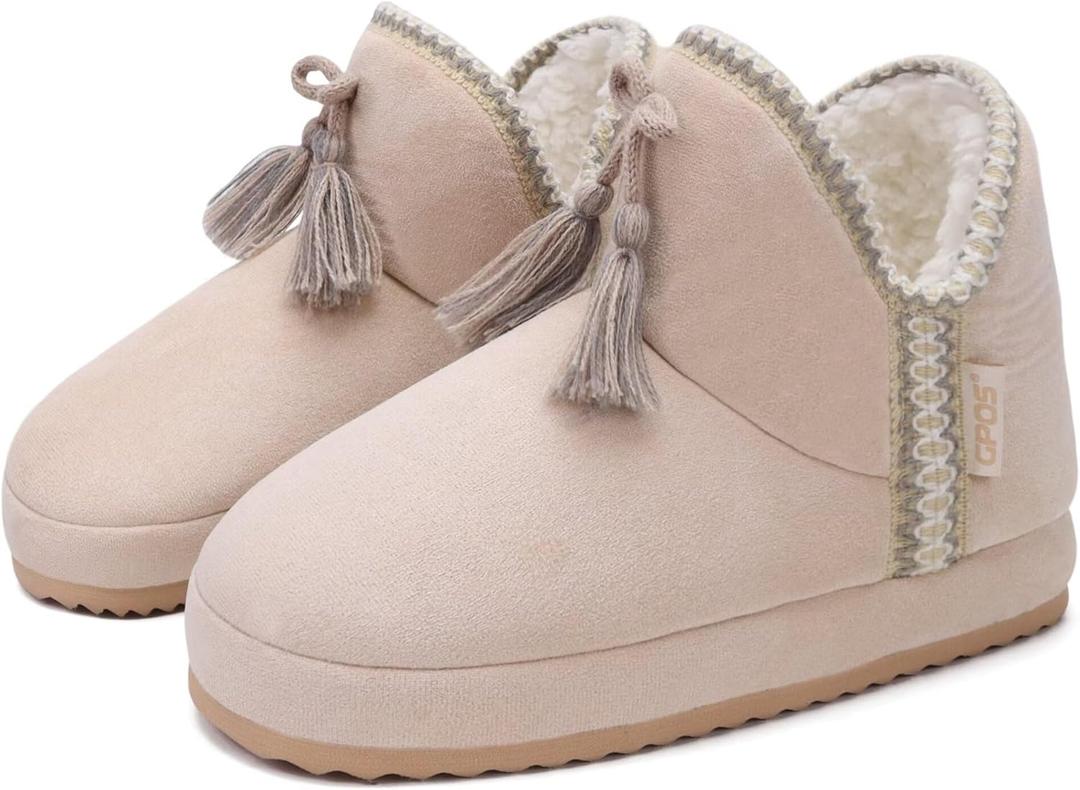 GPOS Womens House Knit Bootie Slippers Fuzzy Plush Lining Winter Ladies Warm Suede Fluff Slippers Lightweight Cozy Thick Memory Foam Comfortable Home Shoes Hard Bottom for Indoor Outdoor Size 5-11 (Beige)