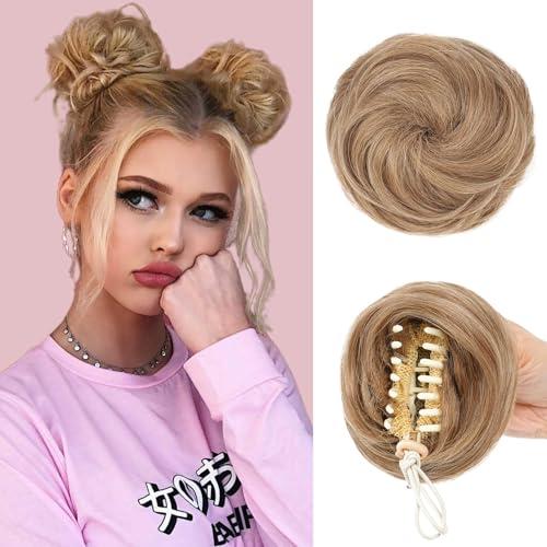 Foaoit 2PC Small Space Buns Faux Hair Bun Extensions for Women Natural Mini Buns Hair Clip in Updo Hair Pieces for Women Messy Bun Hairpieces for Daily Brown mix Blonde