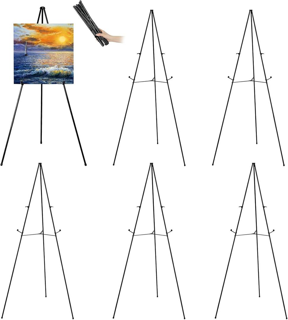 JIUYE 63" Tall Display Easel Stand for Wedding Sign Poster, Foldable and Adjustable Floor Metal Easels for Display Painting Arts, with Portable Bag, Holds 5 LBS (Black,6Pack)