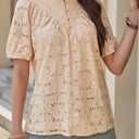 Summer Womens Tops Floral Lace Embroidered Blouses Ruffled Stand Collar Shirts Casual Short Sleeve Clothes Trendy (XL)