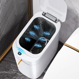 MOPUP Bathroom Trash Can, Automatic Bagging Garbage Can, 3.5 Gallon Slim Smart Small Plastic Trash Bin, Narrow Motion Sensor Trash Can for Bedroom, Office White