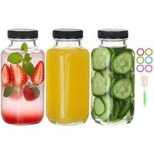 BIGIVACA 8 oz Glass Juice Bottles with Lids,3 PACK Bottles for Juicing,Square Drinking Jars Glass for Coffee,Cola,Milk,Tea in Travel,Work,School