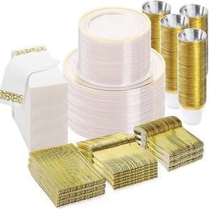 BESTVIP 700PCS Clear Gold Disposable Dinnerware Set for 100 Guests, Plastic Plates for Party, Wedding, Include: 200 Plastic Plates, 100 Gold Silverware, 100 Cups, 100 Napkins