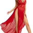 RSLOVE Women's Sexy Lingerie Lace Babydoll Sleepwear Mesh Chemise Deep V Neck Nightdress Side Slits Nightgowns (XX-Large, Wine Red)