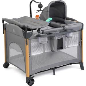 JOYMOR 7 in 1 Bedside Bassinet with Changing Table, All in One Nursery Center, Bedside Sleeper with Mattress, Sheet, Canopy, Storage Shelf,Gray, 43*30*33 inch