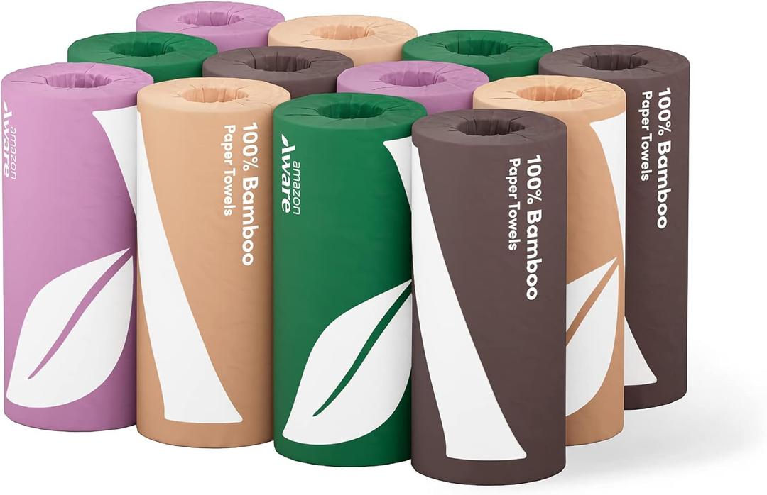 Amazon Aware 100% Bamboo Paper Towels, 12 Rolls, 2 ply, FSC Certified, 150 Sheets, 1800 Count, Pack of 12, Plastic-Free, White