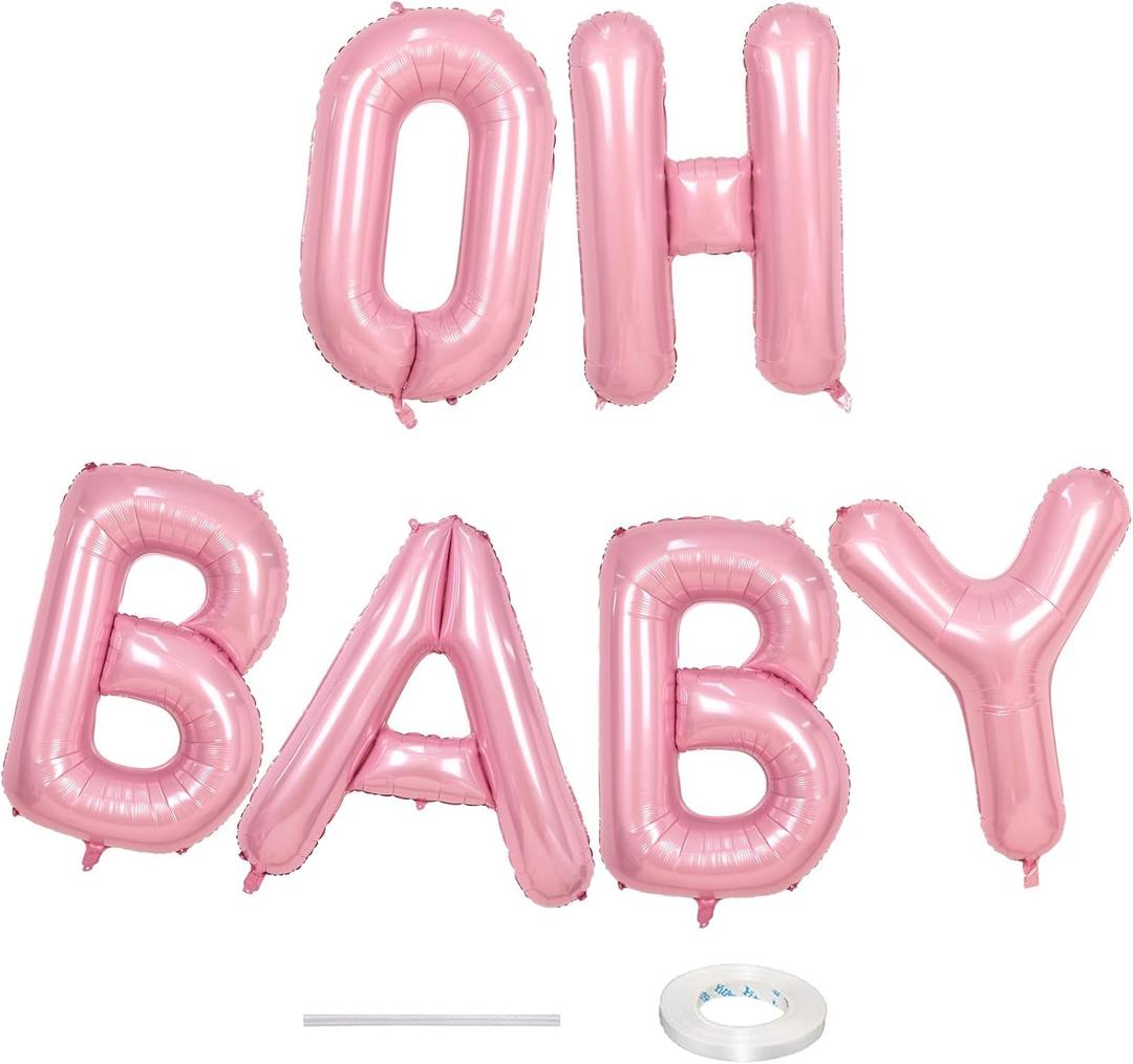 40 Inch Pastel Pink OH BABY Balloon for Baby Shower, Large Light Pink OH BABY Balloon Letters with Ribbon, Pearl Pink Alphabet Balloons Banner Sign for Girl Birthday Party Backdrop Decorations