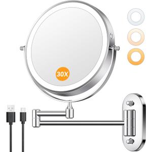 Auxmir 1X/30X Wall Mounted Lighted Makeup Mirror, 8" Rechargeable Double-Sided Magnifying Mirror with Light, Touch Dimmable 3 Color Light, 360 Rotation Foldable Extended Arm, Chrome