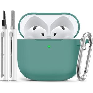 Ljusmicker for AirPods 4 Case 2024 with Cleaner Kit,Soft Silicone Protective Cover for Apple AirPods 4th Generation Cases for Women Men,for AirPod 4 Case Accessories with Keychain-Pine Green