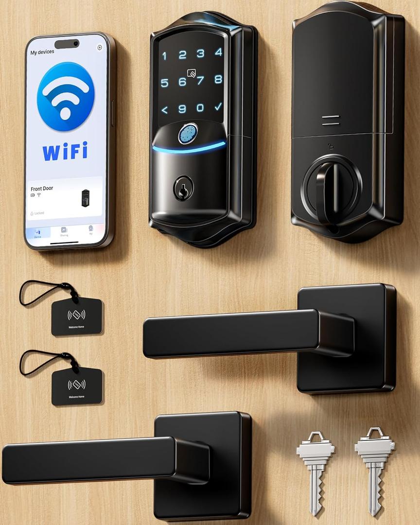 Veise VE027-L Built-in WiFi Smart Lock with Handles, Fingerprint keyless Entry Door Lock Set, App Remote & Voice Control, Electronic Deadbolt for Front Door, Touchscreen Keypad, Auto Lock, Matte Black