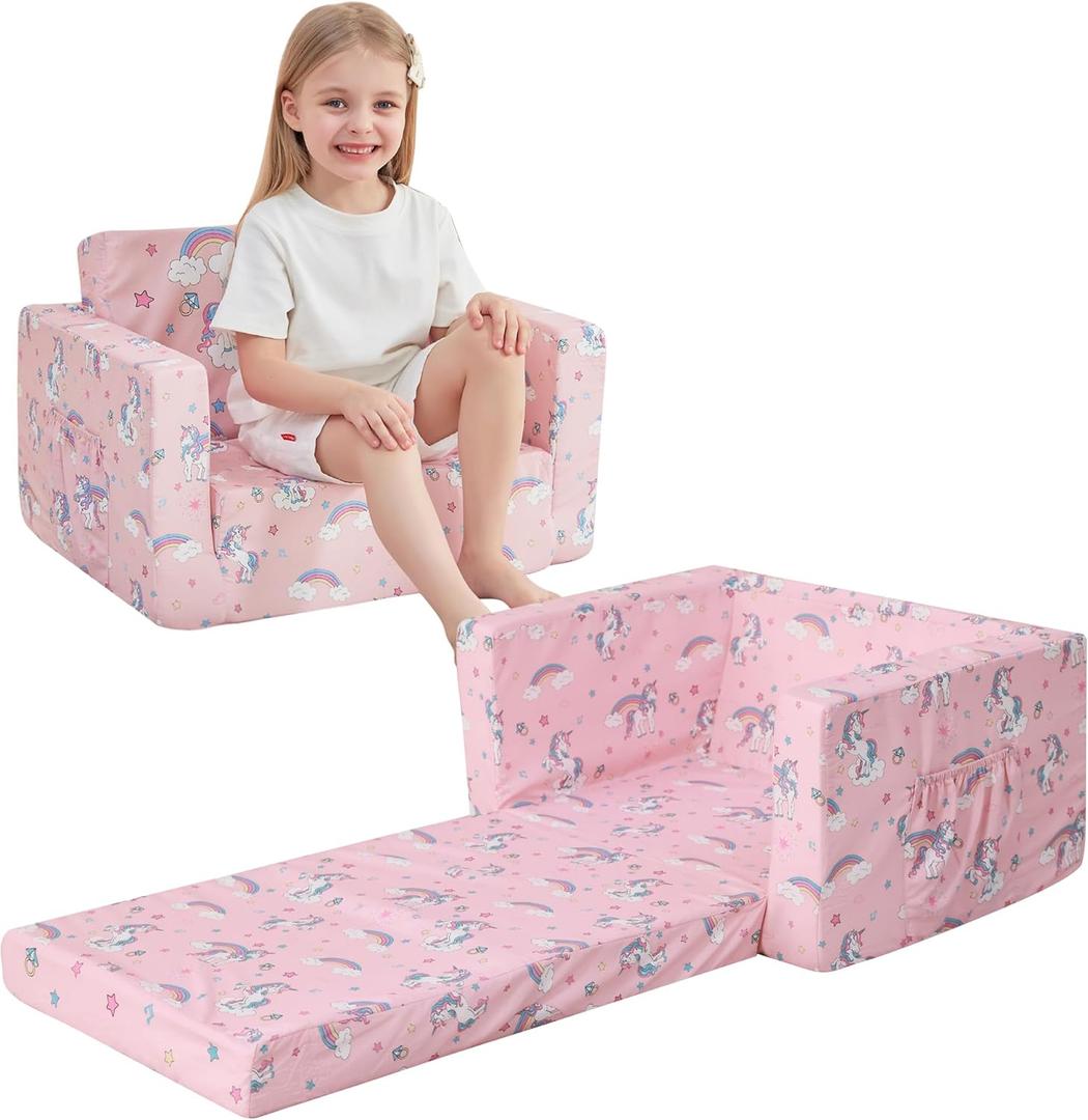 Kids Sofa for Toddler, 2-in-1 Toddler Couch Fold Out, Convertible Sofa to Lounger Bed for Girls and Boys, with Removable Cover & Double Pockets - Pink Unicorn