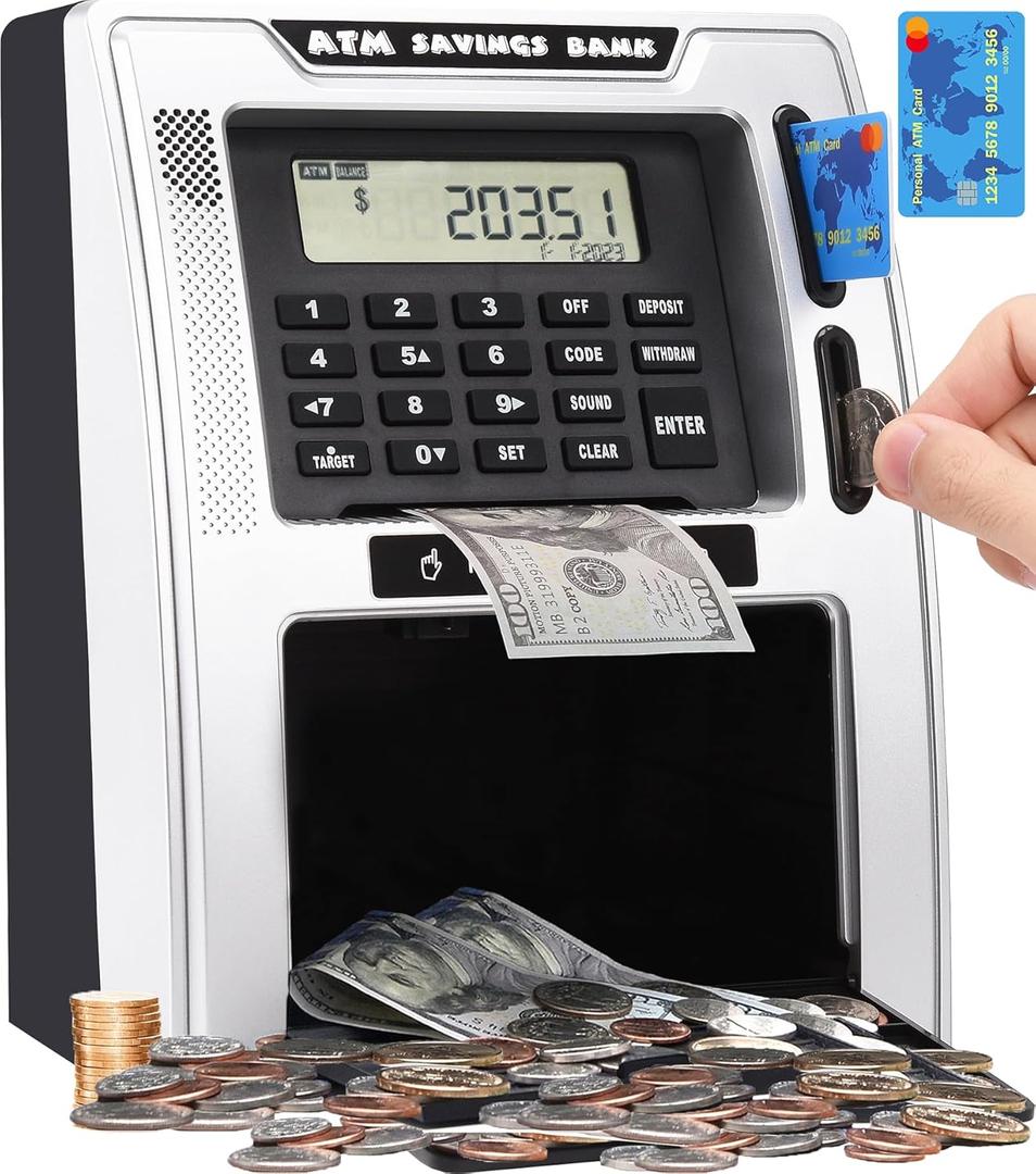 Fishboy Talking ATM Piggy Bank for Kids with Dual Debit Cards, Power-Off Memory, Auto-Opening Drawer for Real Money for Boys, Onekey Shutdown, Bill Feeder, Coin Recognition, Balance Calculator Machine (Black/Silver)