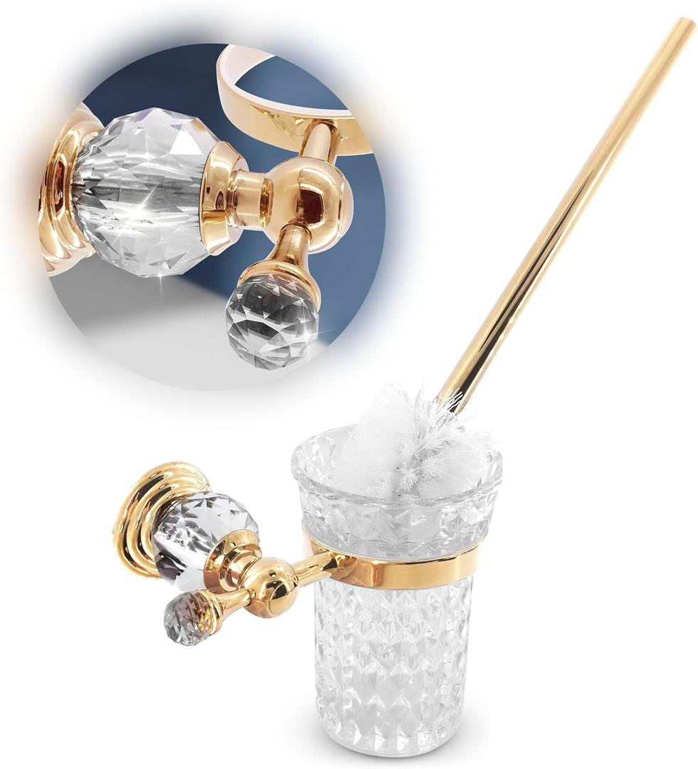 Gold Stainless Steel Toilet Brush with Crystal Toilet Brush Holder Set  Wall Mounted Holder, Replaceable Head, Decorative Space-Saving Design Bathroom Toilet Accessory Elegant Toilet Bowl Cleaner Set